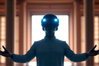 한복을 입은 사용자가 VR 헤드셋을 착용하고 한국 전통 건축물을 체험하는 장면